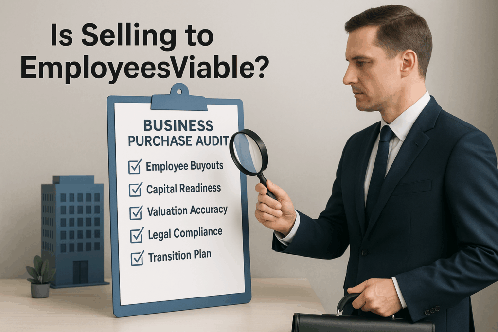 Man with magnifying glass looking at a clipboard with items of a business purchase audit.